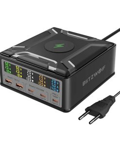 Ładowarka sieciowa Blitzwolf BW-S28 260W, 2xUSB-A, 3xUSB-C, 15W ładowarka bezprzewodowa (czarna)