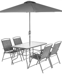 ZESTAW MEBLI OGRODOWYCH STÓŁ 4 KRZESŁA I PARASOL SZARY