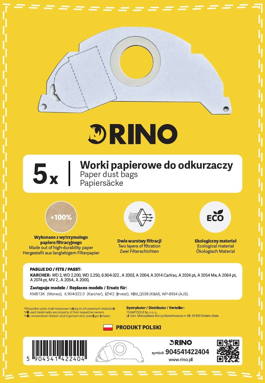 Worki papierowe Rino WPRD2 do odkurzacza WD2 (40 sztuk) - obrazek 2