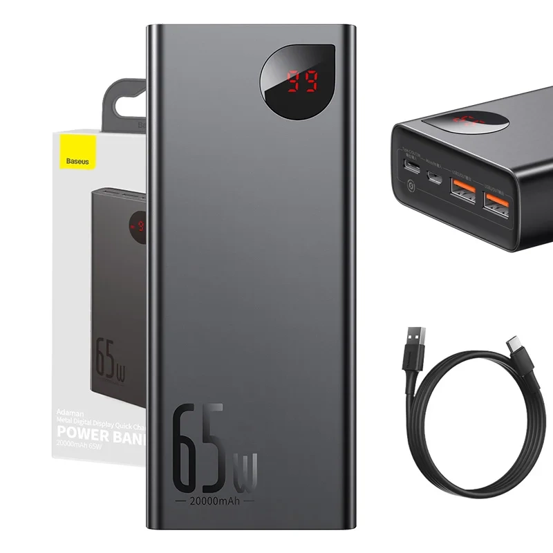 Powerbank Baseus Adaman Metal 20000mAh, PD, QC 3.0, 65W, 2xUSB + USB-C + micro USB, (czarny)
