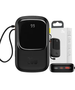 Powerbank Baseus Qpow PRO z kablem Lightning, portem USB-C i USB, 20000mAh, 20W (czarny)